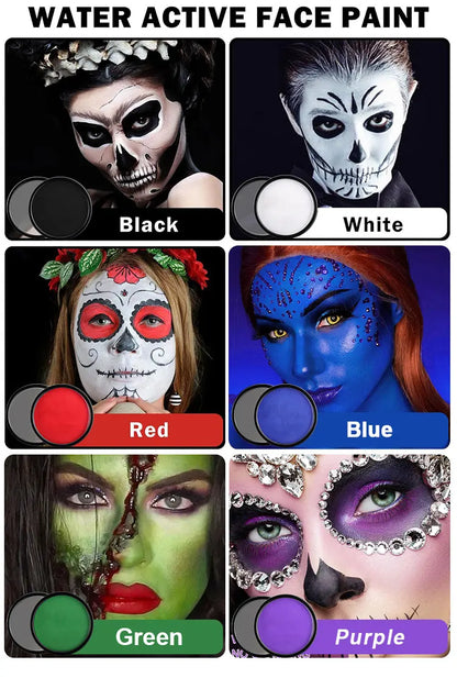 6 Colors Water Activated Face and Body Paint with 1 Brush,Non-Toxic Safe Water Soluble Face Paint for Cosplay,Halloween Makeup