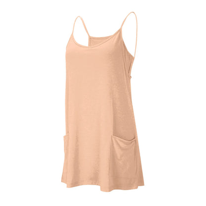 Women's Tennis Dress Solid Color Pocket Sexy Suspender Fake Two-piece Loose Breathable Comfortable Sports Dress