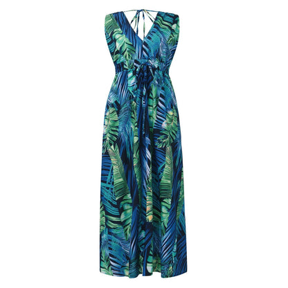 Summer Women Chiffon Floral Long Dress French Style Short Sleeve Elastic A-line Dresses Summer Bohemian Print Beach Dress