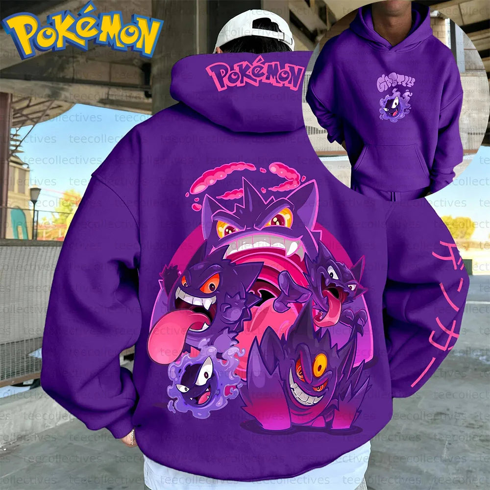 Pokemon Anime Gengar Cotton Hoodie Purple Character Print with Multiple Ghost Type Creatures Pattern Casual Streetwear