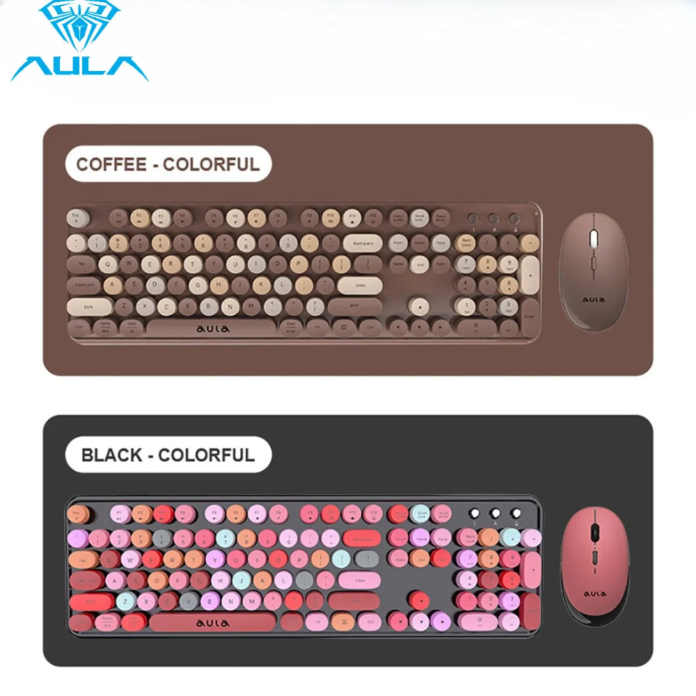 AULA Wireless Keyboard Mouse Combo 104 Keys Retro Round Keycaps Silent Typing 2.4G Ergonomic Office Gaming Set for PC Laptop