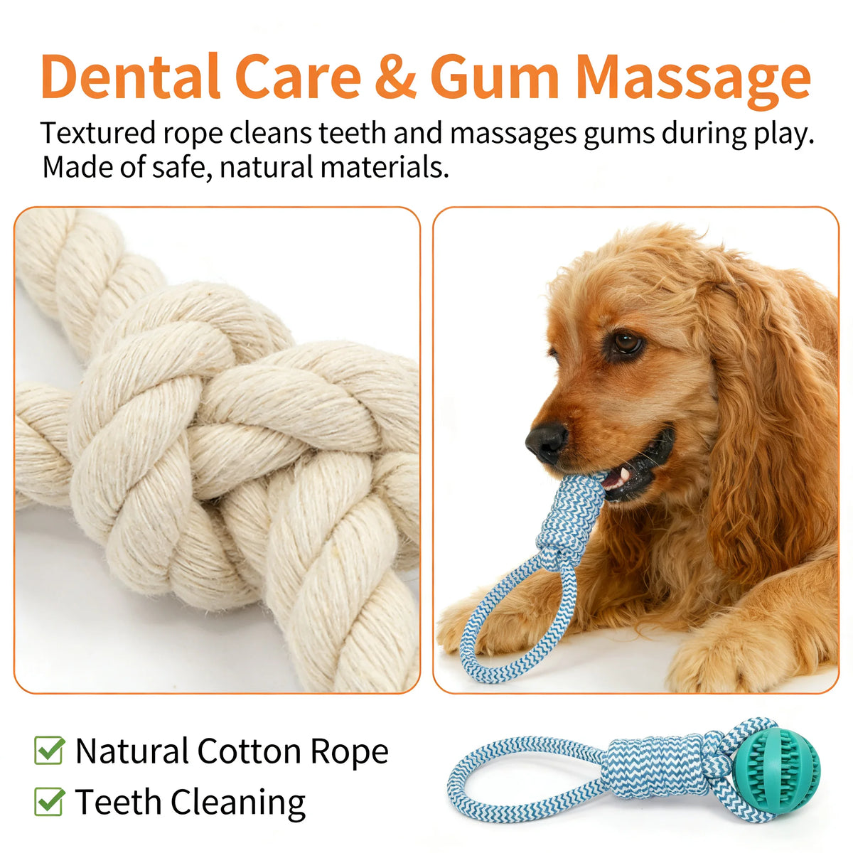 2-in-1 Dog Chew Toy with Treat Dispenser Durable Cotton Rope Natural Rubber Ball for Small Medium Dogs Teeth Cleaning