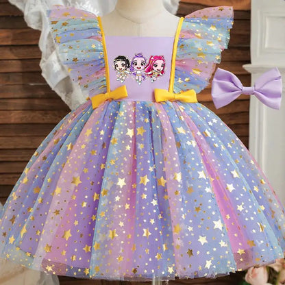 Girls' K-Pop HUNTRX "Holiday Star" Tutu Dress: Rainbow Tulle Gown with Gold Sequins & Ruffle Wings