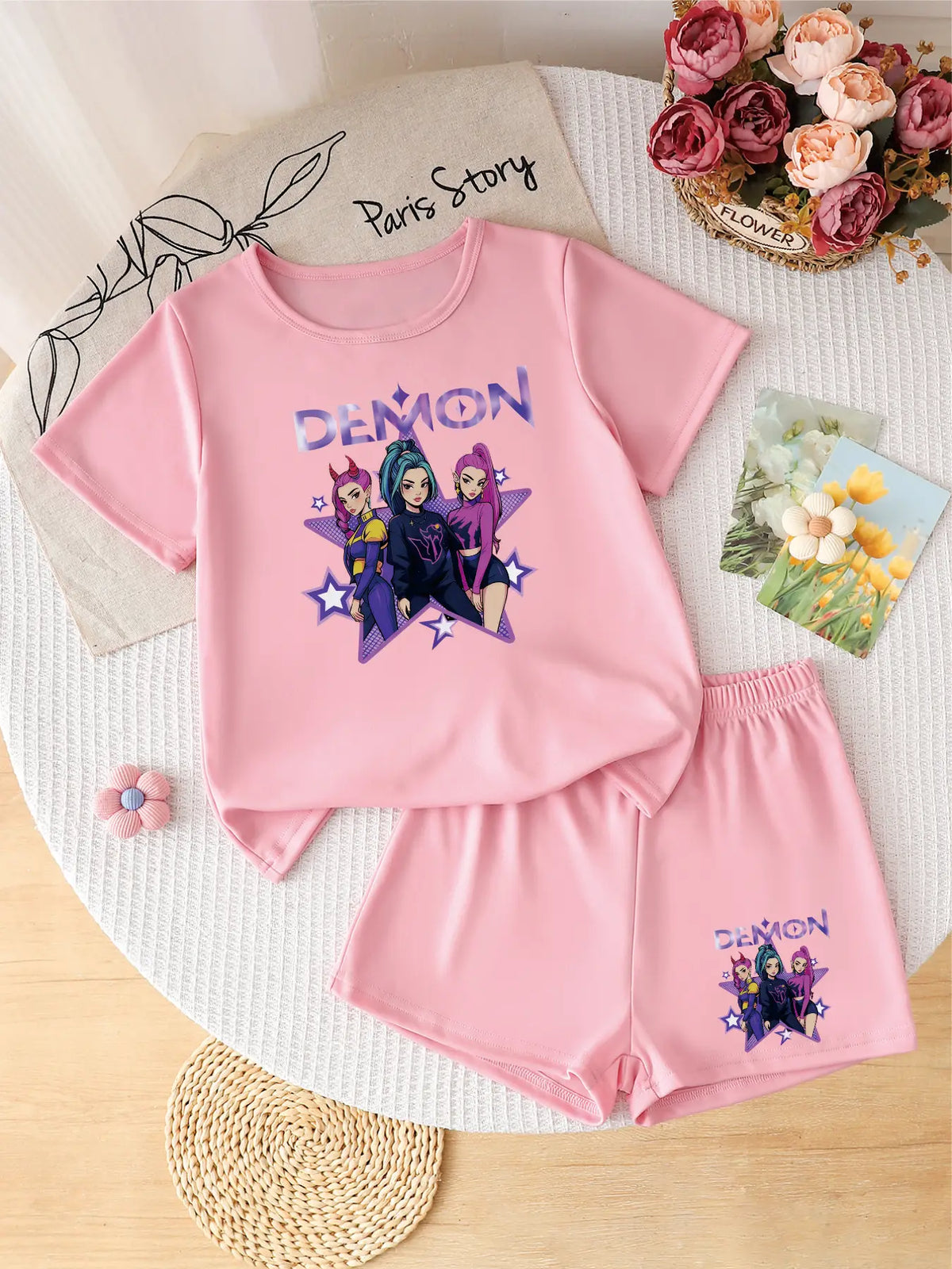 Girls' Demon Idol 2-Piece Outfit: Purple "Demon" Graphic Tee & Matching Shorts Set