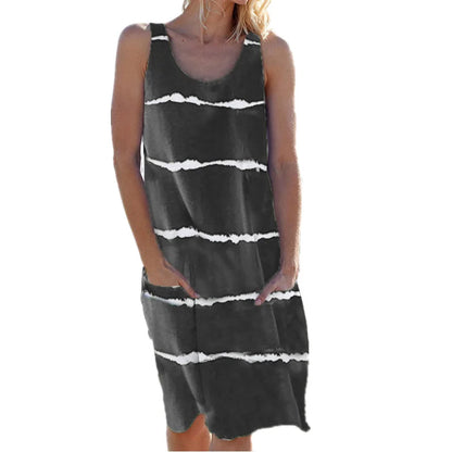 Summer Women's round Neck Printed Striped Vest Dress with Pockets European And United States Style Casual Maxi Dress