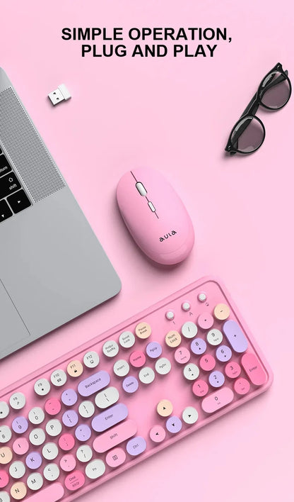 AULA Wireless Keyboard Mouse Combo 104 Keys Retro Round Keycaps Silent Typing 2.4G Ergonomic Office Gaming Set for PC Laptop