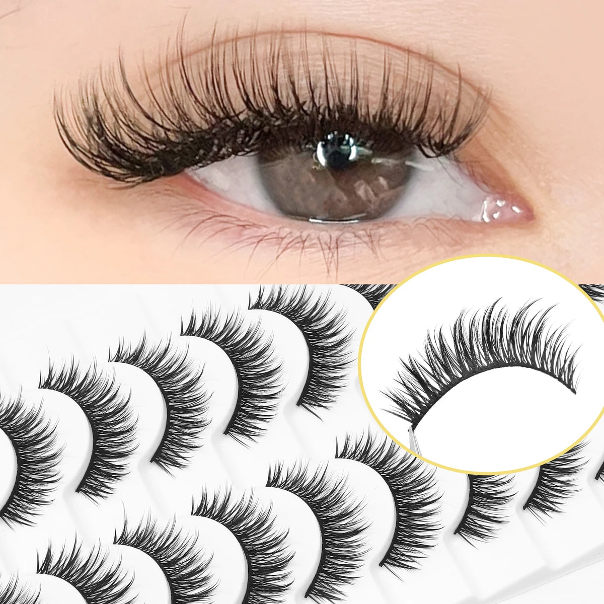 10 pairs of cat-eye false eyelashes, with a natural and thick appearance, length 10-15 millimeters, suitable for beginners