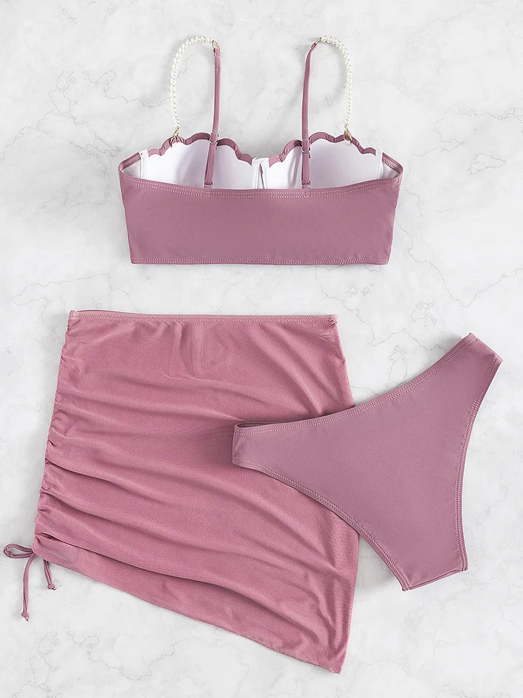 Sexy 3 Piece Bikinis Set Women Swimsuit with Skirt Swimwear 2023 New Female Push Up Bikini Beachwear Faux Pearl Bathing Suit