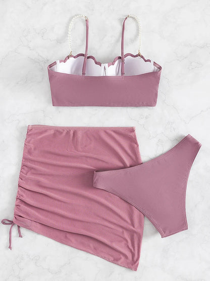 Sexy 3 Piece Bikinis Set Women Swimsuit with Skirt Swimwear 2023 New Female Push Up Bikini Beachwear Faux Pearl Bathing Suit
