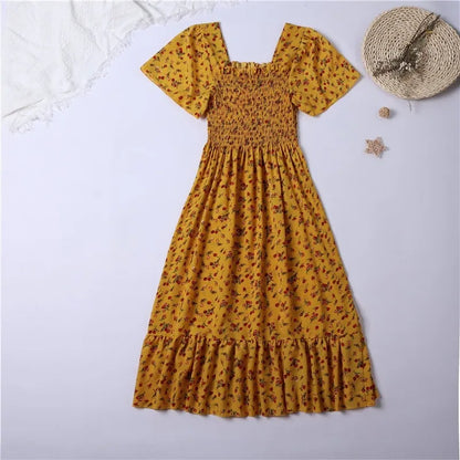 Floral Chiffon Smocked Midi Dress: Butterfly Sleeve Square Neck A-Line Gown