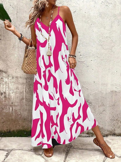 Summer 2026 Women's Fashion Slim Fit Floral Print V-Neck Loose Holiday Style Dress Knitted Fabric A- Line Skirt Casual Wear
