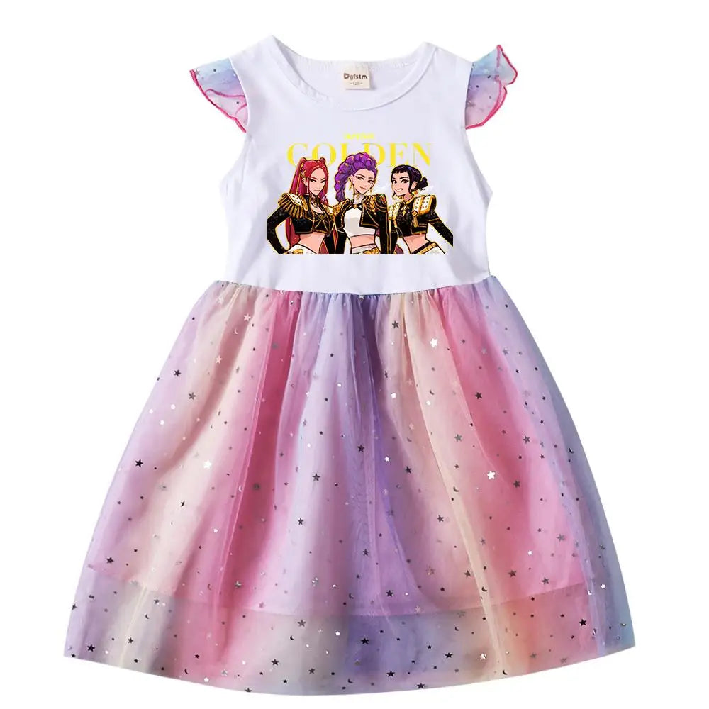 Girls' K-Pop Hunters "Chibi Rainbow" Princess Dress: Flying Sleeve Tutu with Star Sequins