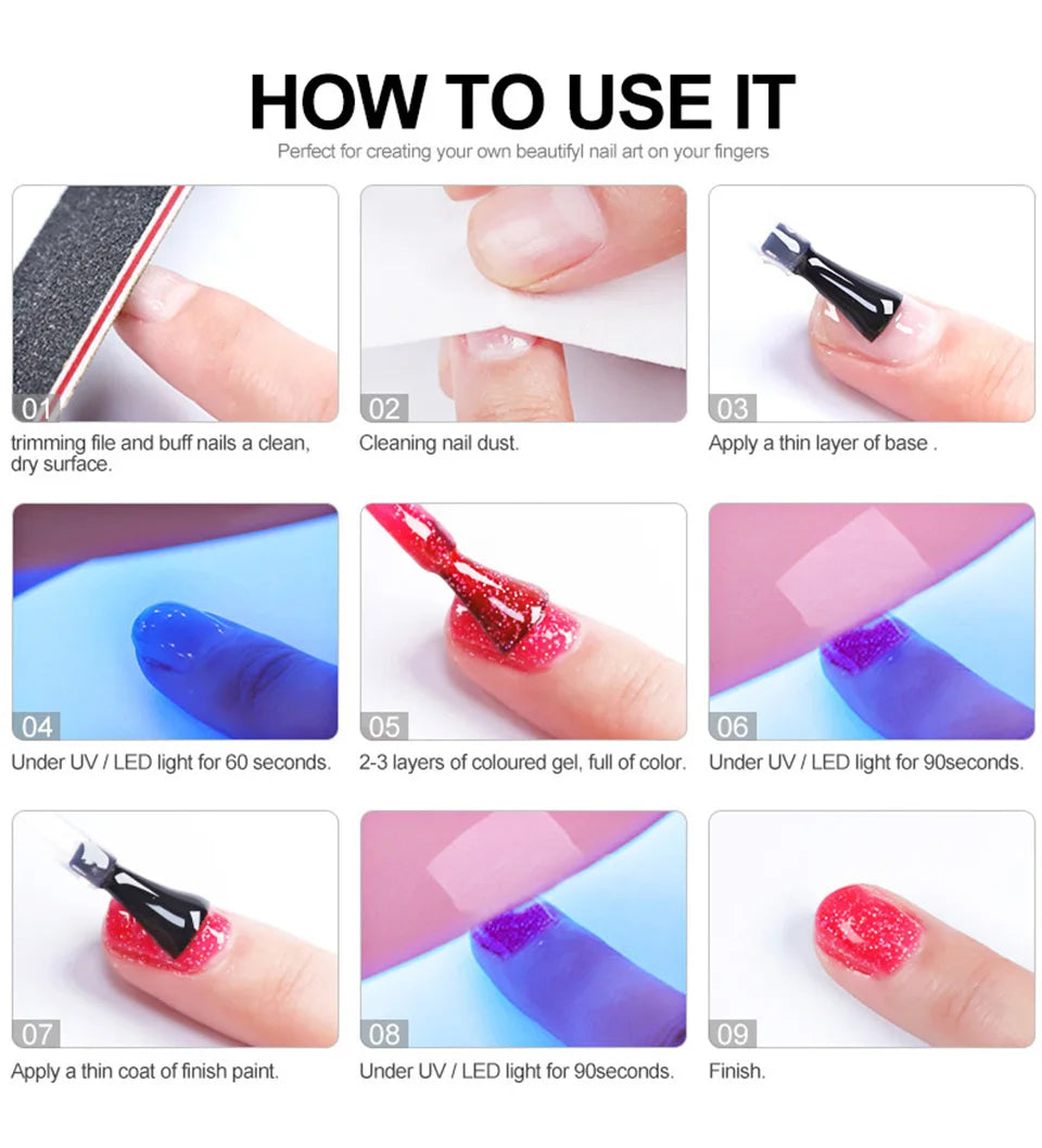 LIMEGIRL 10 Colors Nail Gel Set UV Soak Gel Base Coat Gel with Laser Powder Nail Art DIY Semi-Permanent Gel Varnish Kit