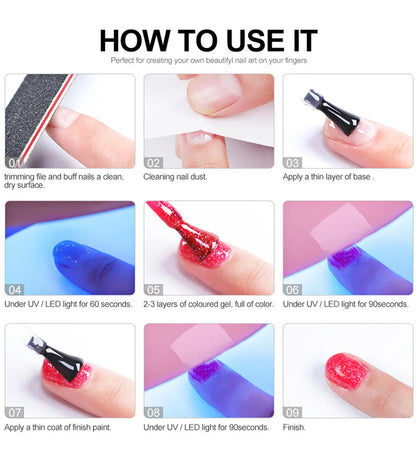 LIMEGIRL 10 Colors Nail Gel Set UV Soak Gel Base Coat Gel with Laser Powder Nail Art DIY Semi-Permanent Gel Varnish Kit