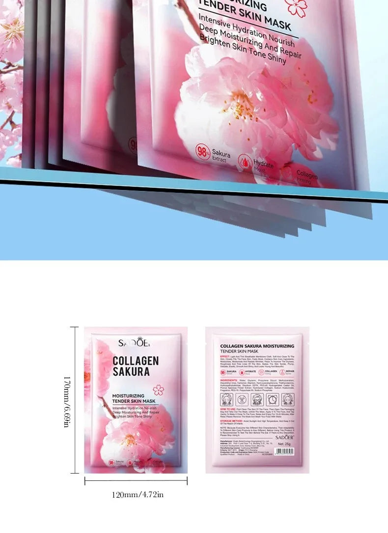 Sadoer Sakura Face Mask Facial Skincare Moisturizing Brightening Hydrating Firming Collagen Facial Masks Face Sheet Mask