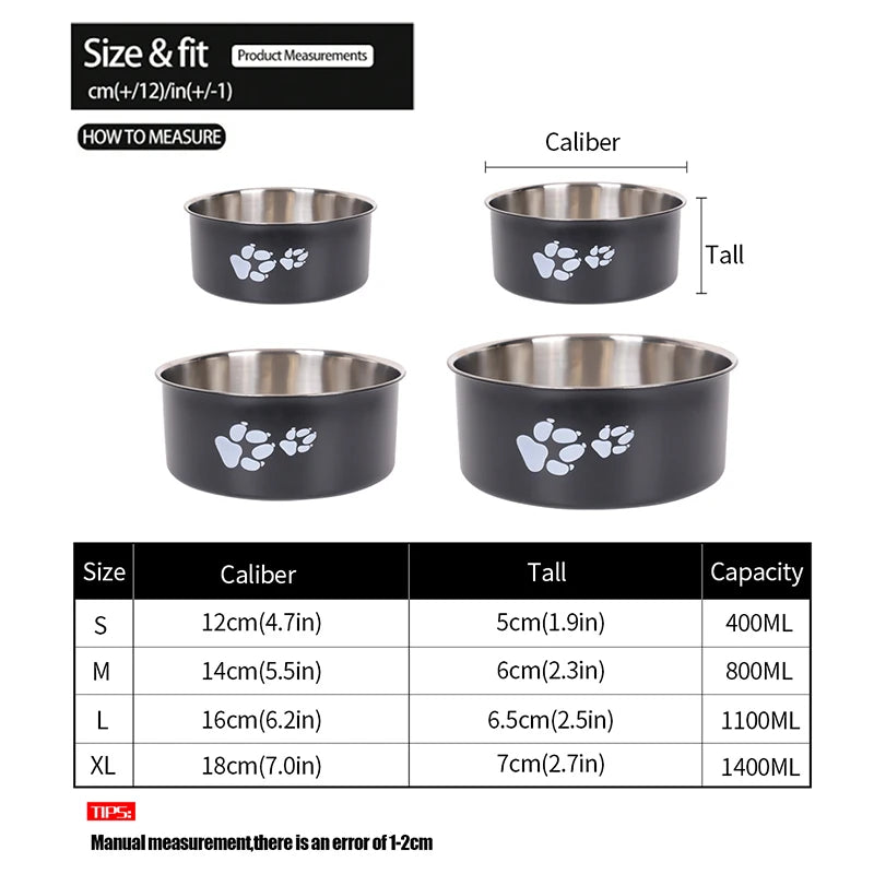 A cartoon-patterned pet bowl, easy to clean, made of stainless steel, suitable for both outdoor and indoor pet owners.