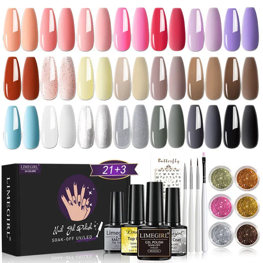 LIMEGIRL 24PCS Gel Nail Polish kit with Nail Art Diamond Powder UV  Soak Base Coat Gel for Nail Art DIY Design Gel Varnish Kit