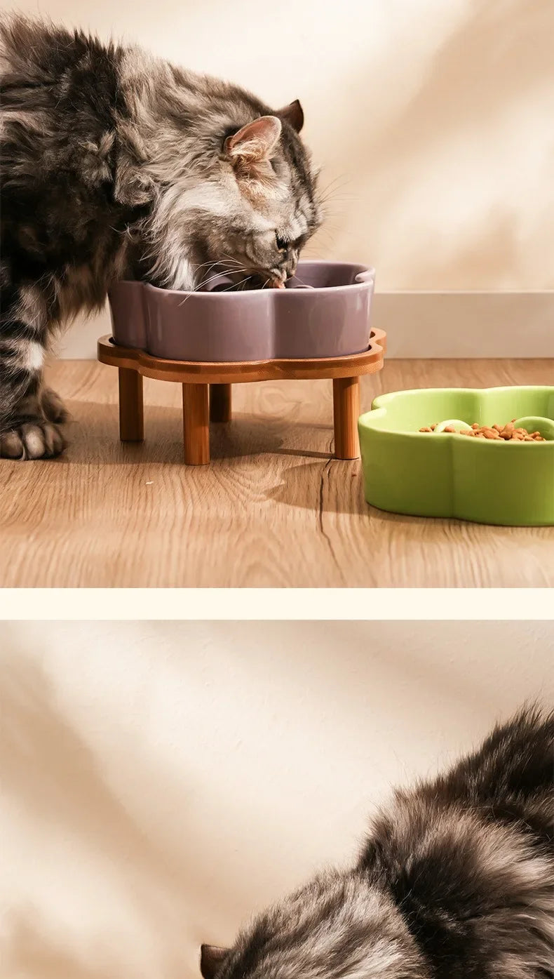 Ceramic Slow Food Bowl Anti-choking Cat Feeding Basin To Prevent Black Chin Small Dog Cat Neck Guard Wooden Frame Slow Food Bowl