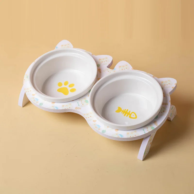 3pcs/set (1pc rack + 2pcs bowl) Non-Slip Ceramic Double Pet Food Bowl for Cats and Dogs - Prevents Spills and Slips