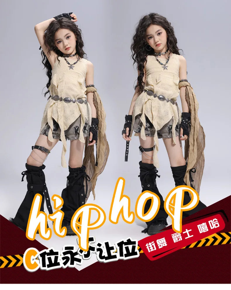 Girls Hiphop Group Jazz Dance Performance Clothes Loose Short Sleeve Top Pants Street Dance Costumes Wear