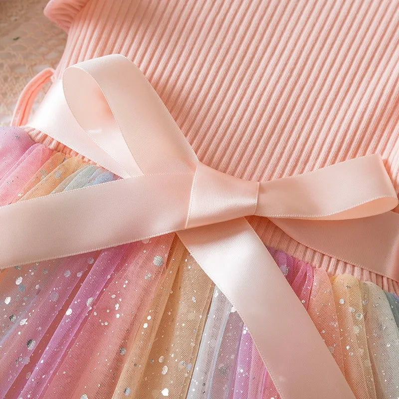 Girls' HUNTRX Rainbow Tulle Princess Dress: Sequin Star & Chibi Idol Party Gown