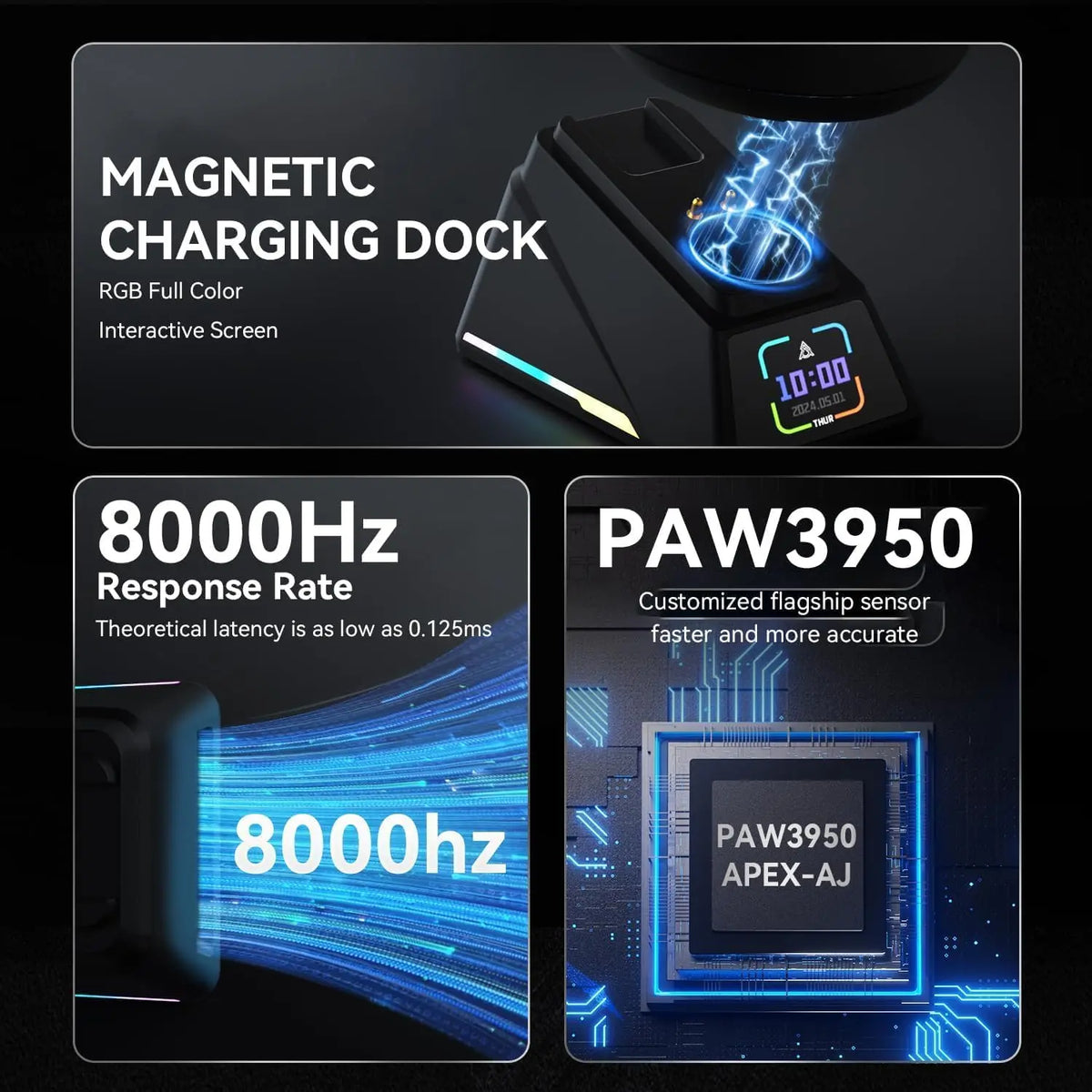 AJAZZ AJ159 APEX Paw3950 Wireless Mouse with RGB Magnetic Charging Base Lightweight Wired Bluetooth Gaming Mouse for PC Laptop