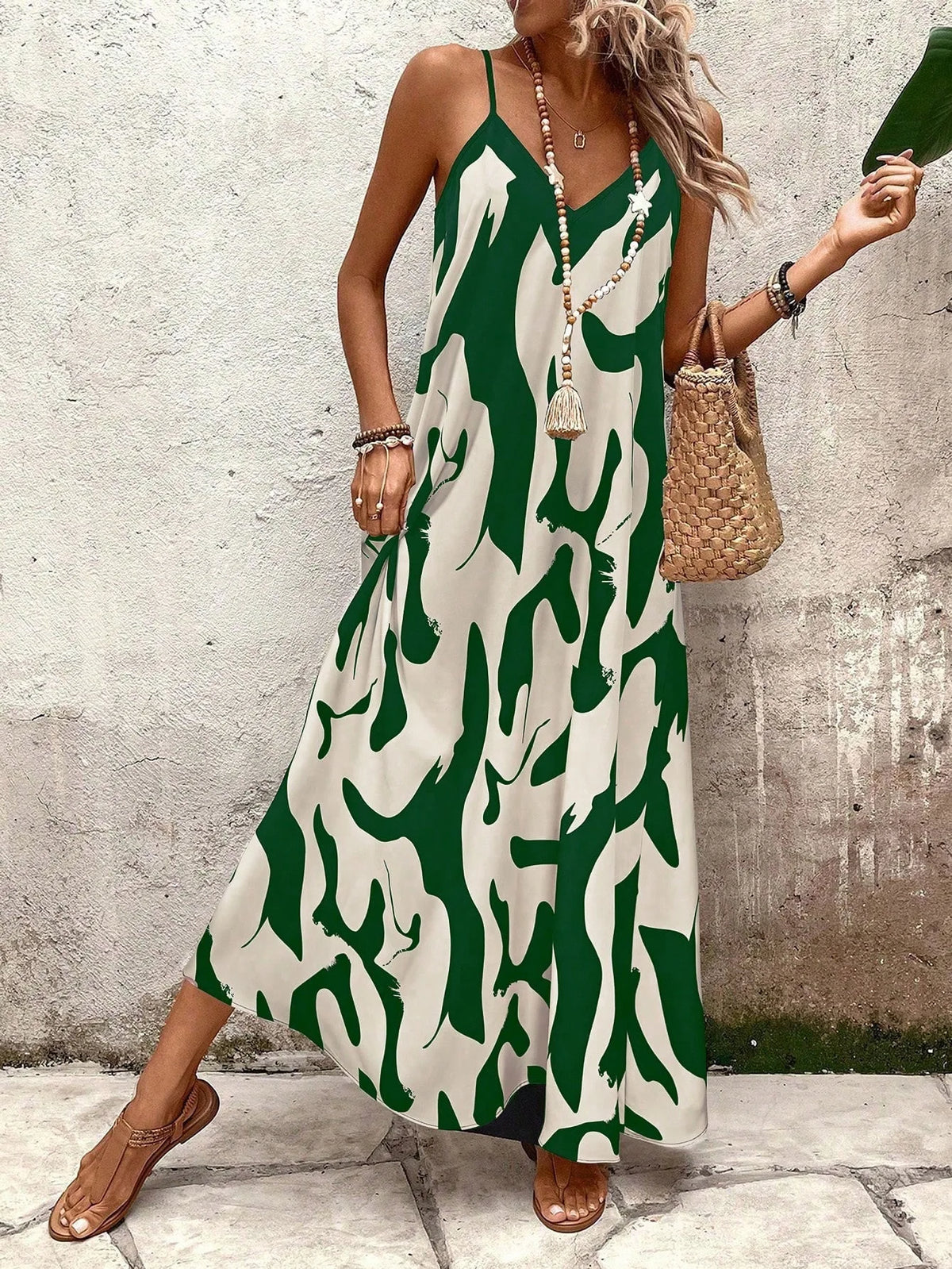 Summer 2026 Women's Fashion Slim Fit Floral Print V-Neck Loose Holiday Style Dress Knitted Fabric A- Line Skirt Casual Wear