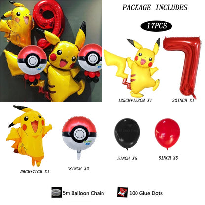 17pcs Pokemon Pikachu Theme Suit Balloon 40inch Red Number 1-9Foil Balls Children Birthday Party Decora Supplies Baby Shower