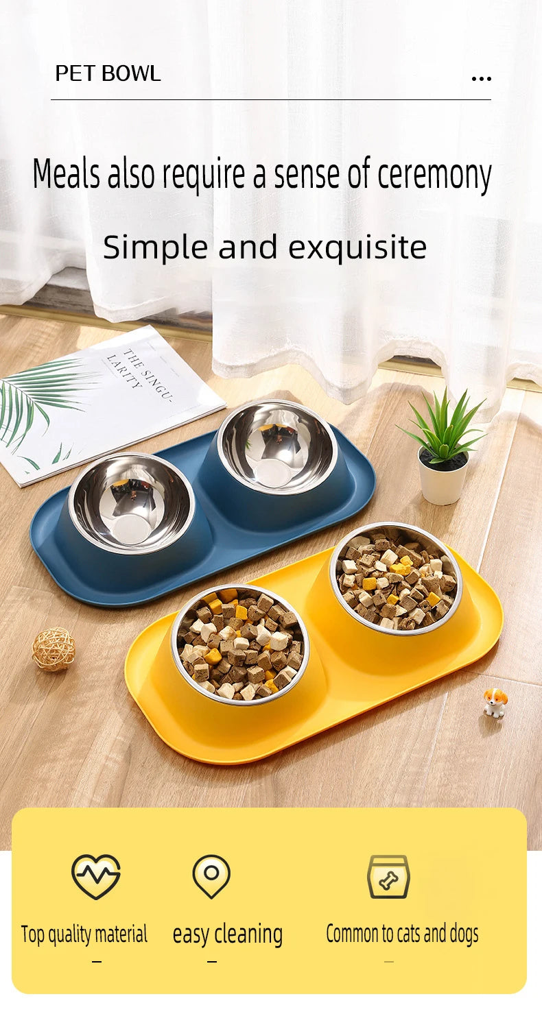 1pc Stainless Steel Double Cat Dog Bowl Cat Food Container Non-slip Base Pet Water Feeder Tilt Safeguard Neck Puppy Cats Bowls