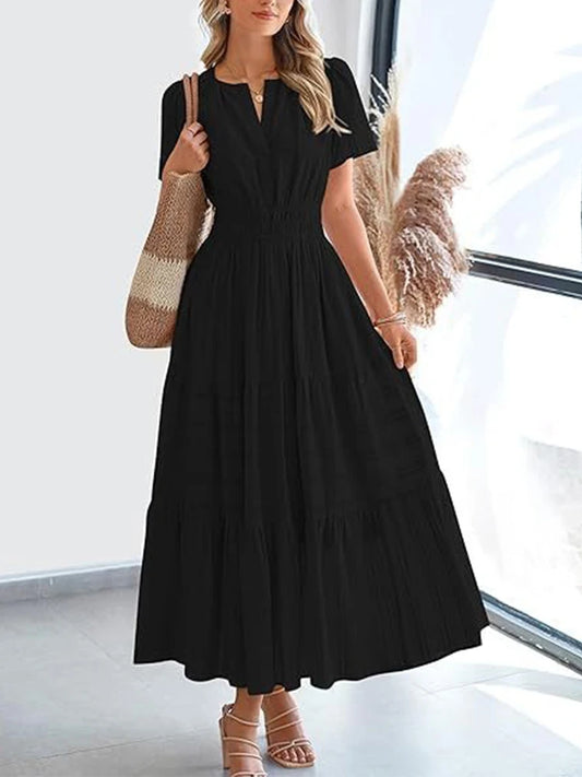 V-Neck Tiered Boho Midi Dress: Bubble Sleeve Smocked Waist Summer Gown