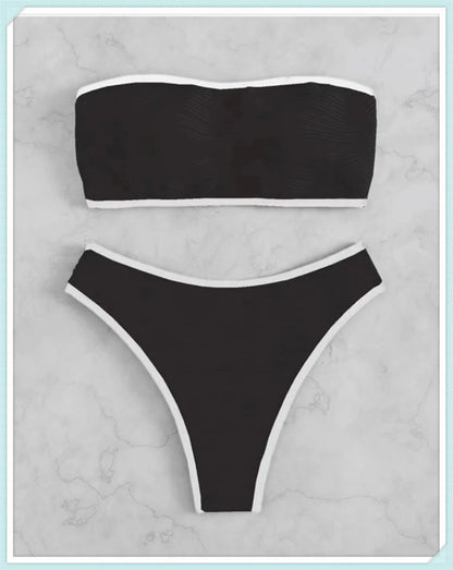 Sexy Bandeau High Waist Bikini 2023 Women Triangle Swimsuit Stitch Detail Swimwear Padded Bathing Suit Female Solid Beachwear