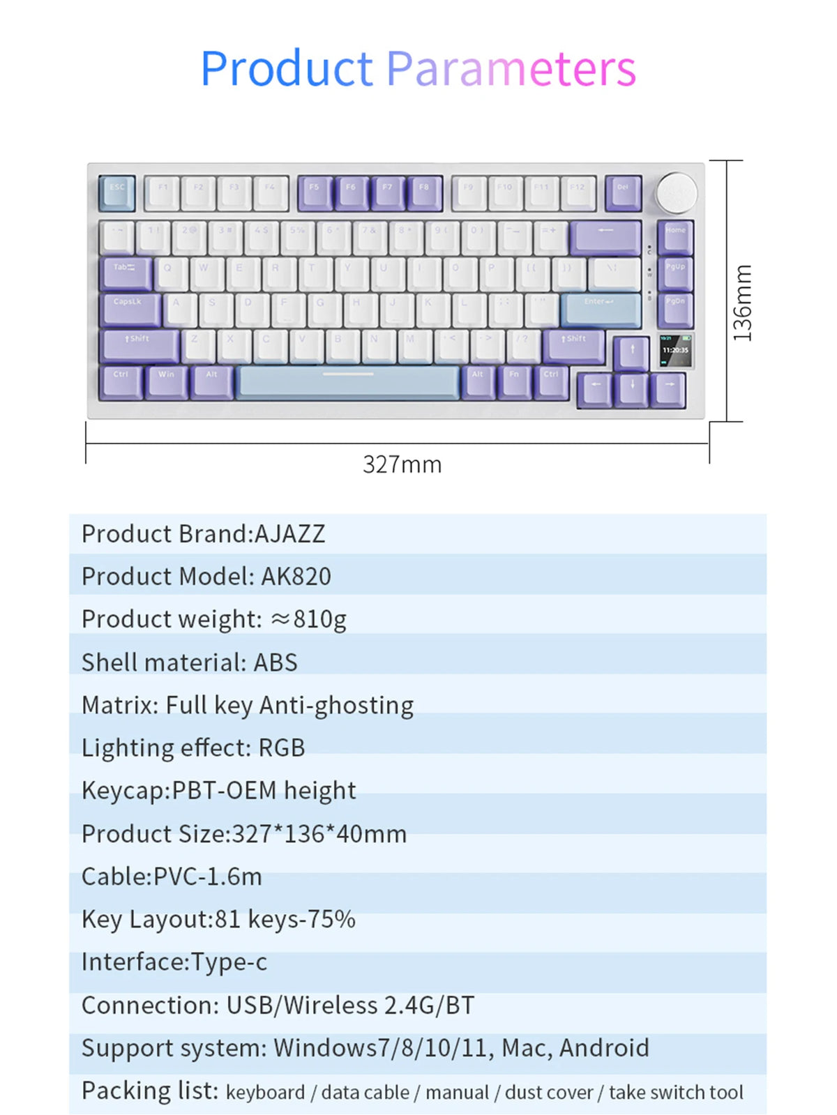 Ajazz AK820/AK820Pro Gaming Mechanical Keyboard Bluetooth 5.1/Wireless/wired  Custom Keyboard With Heat Exchange Sealed Button