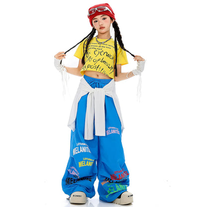 Girls Hiphop Group Jazz Dance Performance Clothes Loose Short Sleeve Top Pants Street Dance Costumes Wear