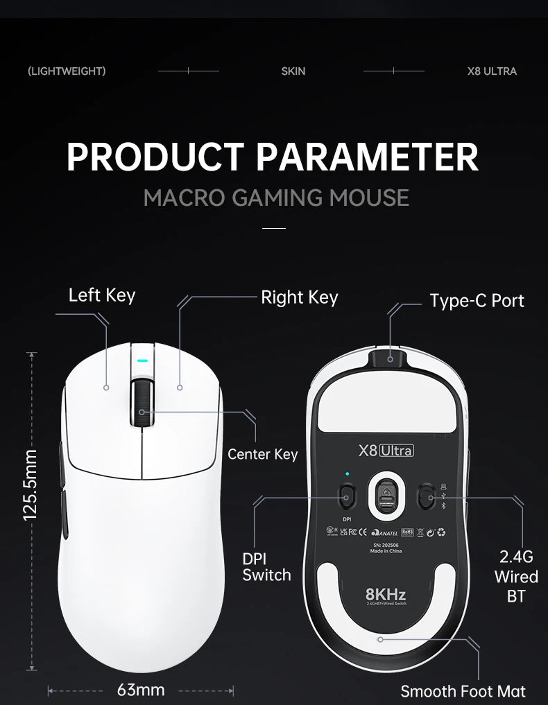 Attack Shark X8Ultra Gaming Mouse & Wireless 8K Receiver,Bluetooth Wireless Connection,PAW3950MAX Sensor,42000DPI,Type-C