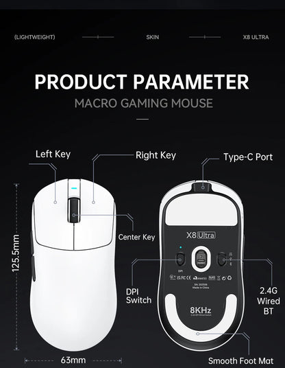 Attack Shark X8Ultra Gaming Mouse & Wireless 8K Receiver,Bluetooth Wireless Connection,PAW3950MAX Sensor,42000DPI,Type-C