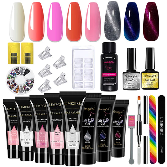 LIMEGIRL 15ml Nail Art Kit Poly Nail Gel Extending Set Cat Eye Extension Gel Nail Art Acrylic Gel Varnish Kit for Novice Beginne