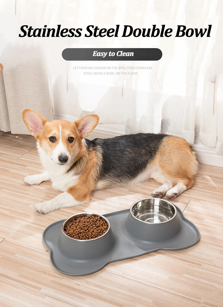 Stainless Steel Pet Dog Feeder Silicone Anti-spill Cats Dog Double Bowl Pet Feeding Drinking Water Bowls Dog Food Dispenser