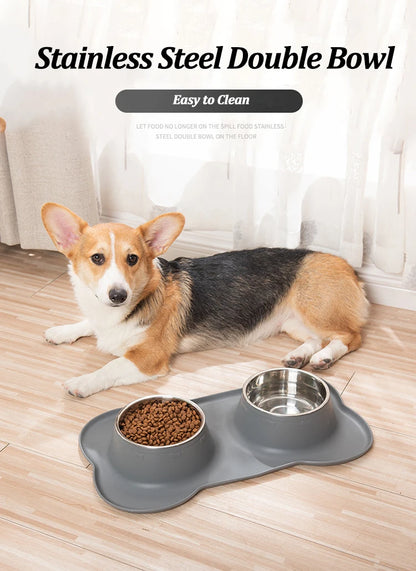 Stainless Steel Pet Dog Feeder Silicone Anti-spill Cats Dog Double Bowl Pet Feeding Drinking Water Bowls Dog Food Dispenser