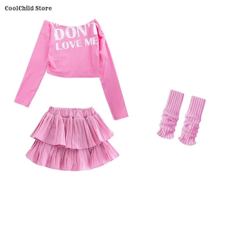 Girls Hip Hop Off Shoulder Crop Top ‌Street Dance Skirts Cargo Pants Children Streetwear Jeans Kids K-pop Girl Group Clothes Set