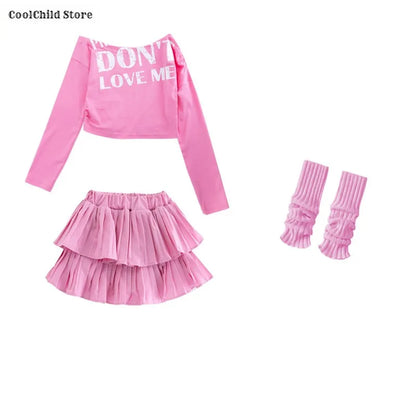 Girls Hip Hop Off Shoulder Crop Top ‌Street Dance Skirts Cargo Pants Children Streetwear Jeans Kids K-pop Girl Group Clothes Set