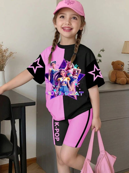 Girls' Nova Beat K-Pop Split-Design Set: Star Graphic Tee & Biker Shorts 2-Piece Outfit