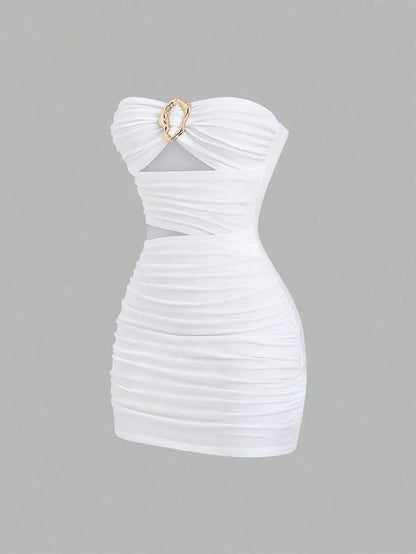 Women's Sexy Slim-Fit Strapless Bustier Mini Dress with Metal Buckle