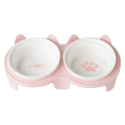 Pet ceramic feeding bowl, double bowl, inclined angle to hold food and water, protect the cat's cervical spine.