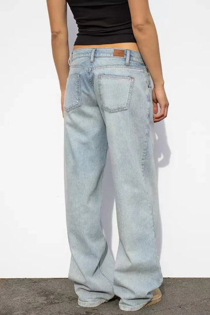 Vintage Distressed Straight-Leg High-Waisted Washing Jeans Loose-Fit Draped Versatile European And American Style Denim Pants