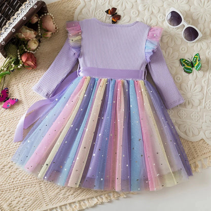 My Little Ponys Colorful Princess Dress for Kids Girls Casual Long Sleeve Sequin Mesh Dresses Party Gift 1-5Y