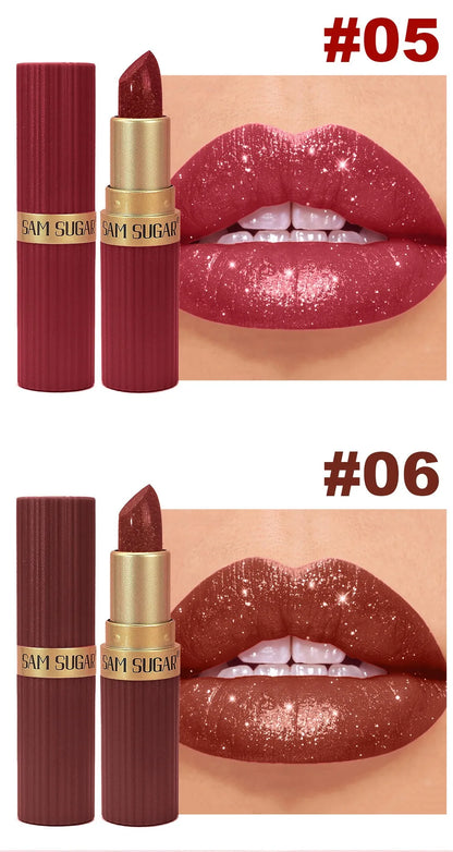Pearlescent Pink Glitter Velvet Lipstick Metallic Waterproof Long Lasting Matte Shimmer Diamond Lipstick Women Makeup Cosmetic