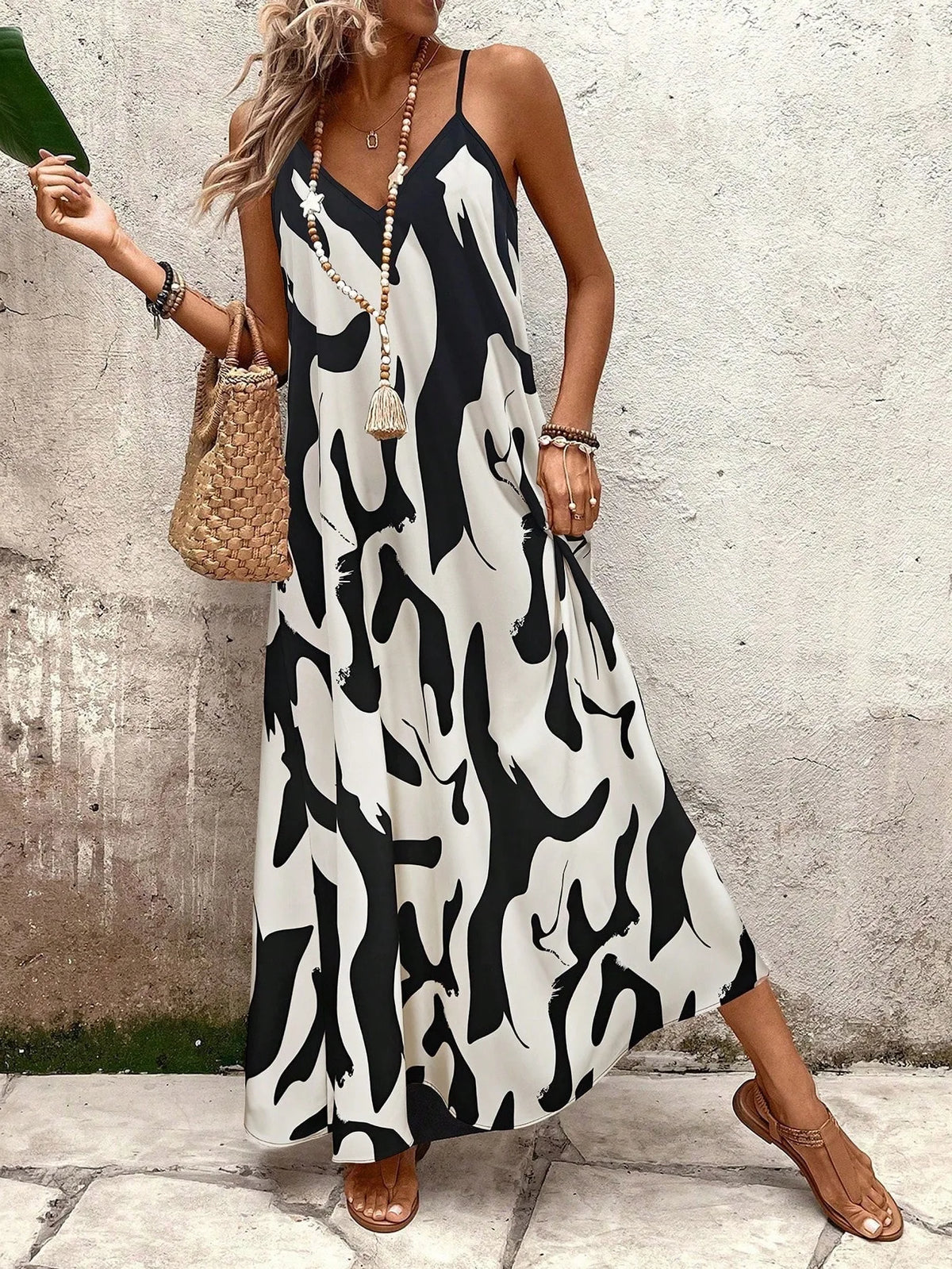 Summer 2026 Women's Fashion Slim Fit Floral Print V-Neck Loose Holiday Style Dress Knitted Fabric A- Line Skirt Casual Wear