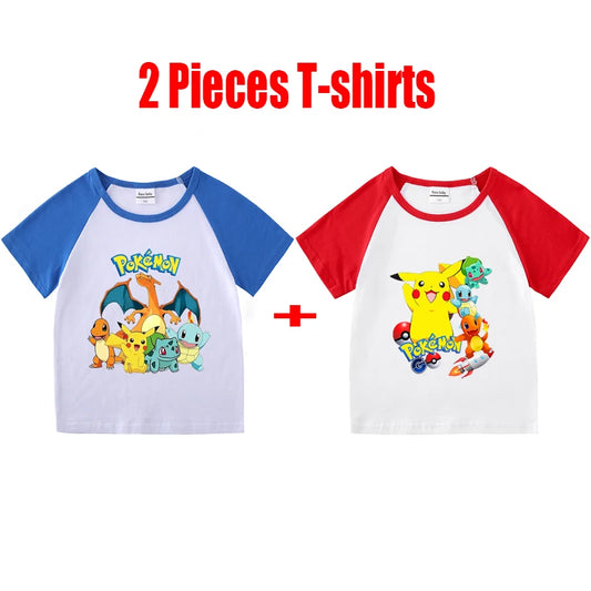 1/2 Pieces Pokemon Cartoon Tees For Boys Clothing Summer Children 100% cotton Short Sleeve T-shirts Printed T-shirt for girls
