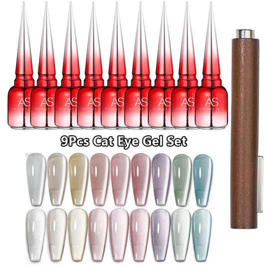 AS 9pcs Cat Eye Magnetic Moonlight Gel Nail Polish Set 15ml Sparkle White Silver Water Light Red UV Gel Nail Art Manicure Vernis
