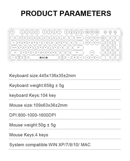 AULA Wireless Keyboard Mouse Combo 104 Keys Retro Round Keycaps Silent Typing 2.4G Ergonomic Office Gaming Set for PC Laptop